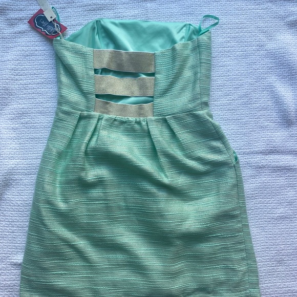 Backless Mint and Gold Dress with Pockets - Picture 2 of 6